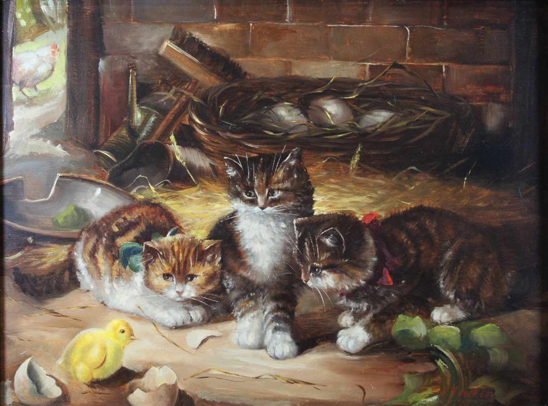Jan Hovener, (geb. 1936) Drei Kätzchen und Küken, Öl auf Platte, un.rechts sign., 30 x 40 cm, m.