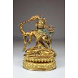 Bronzefigur, China / Tibet 19. Jh., feuervegoldet, Manjushri mit Schwert, H.: 22 cm, altersbedingter