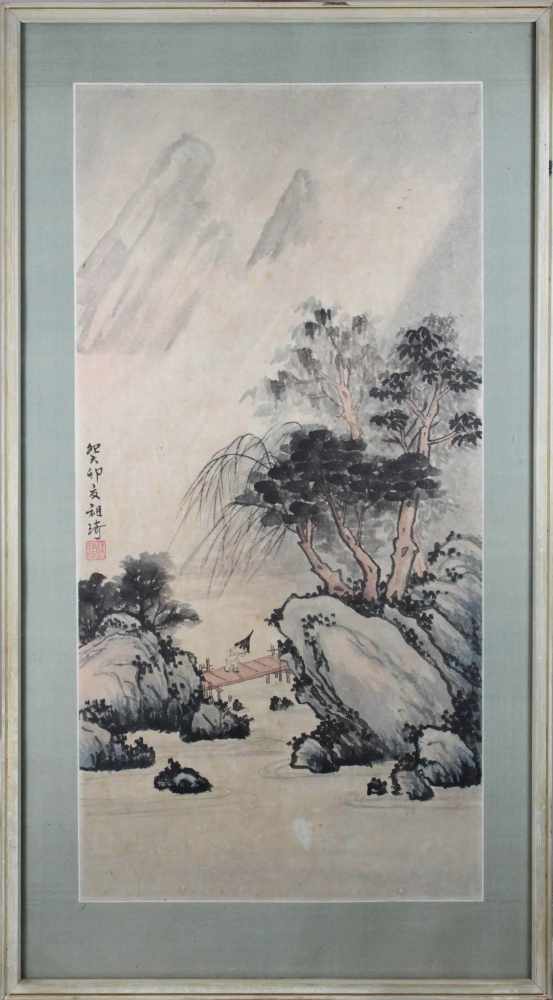 Tuschezeichnung, China 20. Jh.(?), Fluß in Berglandschaft, am l. Rand bezeichnet, Maße o. R.:59,5 - Image 2 of 2