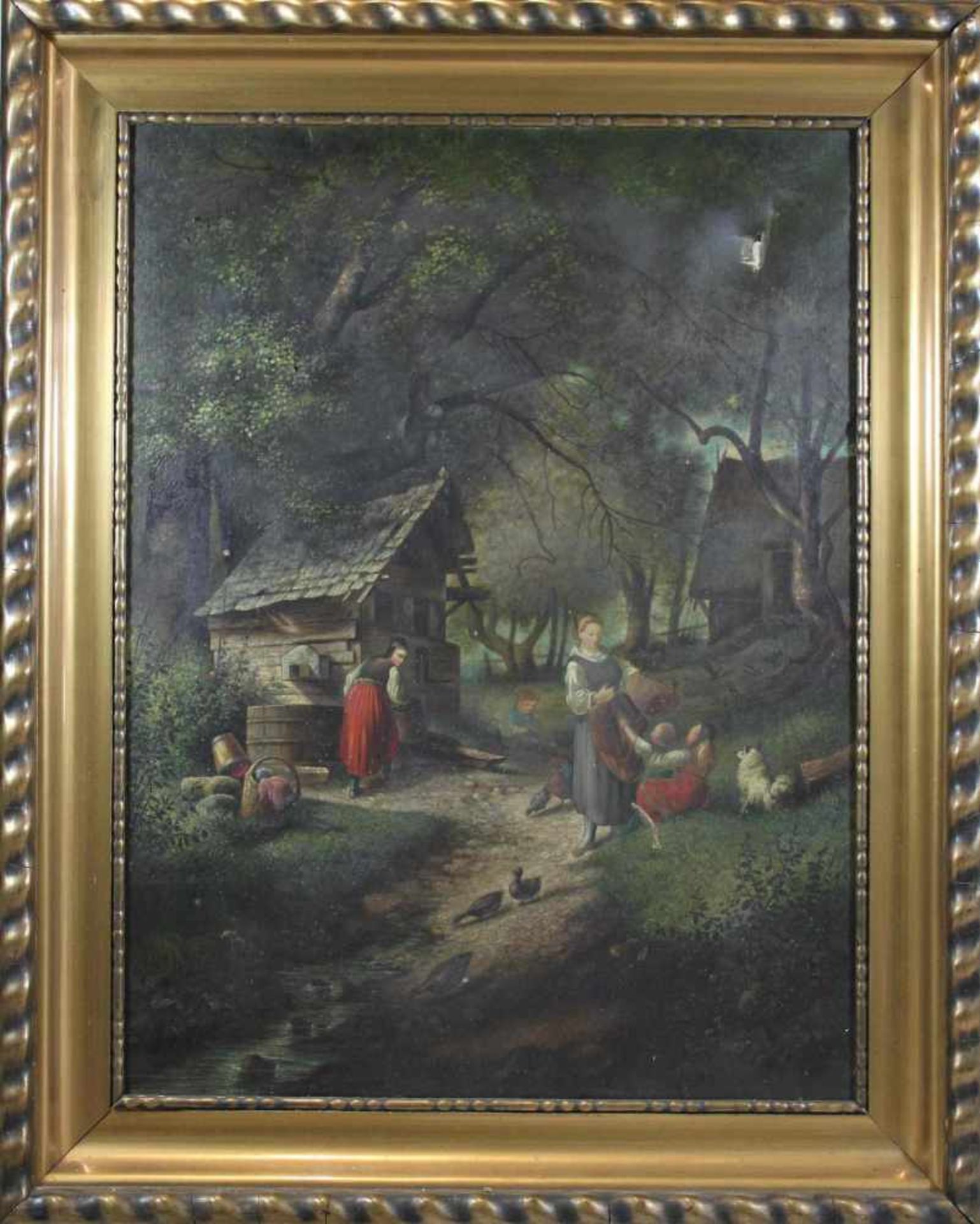 Maler des 19 Jh., Frauen und Kinder im Hühnerhof, Öl auf Leinwand, unsign., 81 x 61 cm, m.R.: 99 x - Bild 2 aus 2