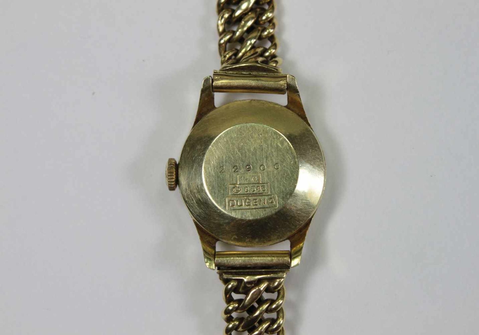 Damenarmbanduhr, Dugena, 585er Gold punziert, L.: 17 cm, Gewicht ca. 19,7 gr., Funktion ungeprüft. - Bild 3 aus 3