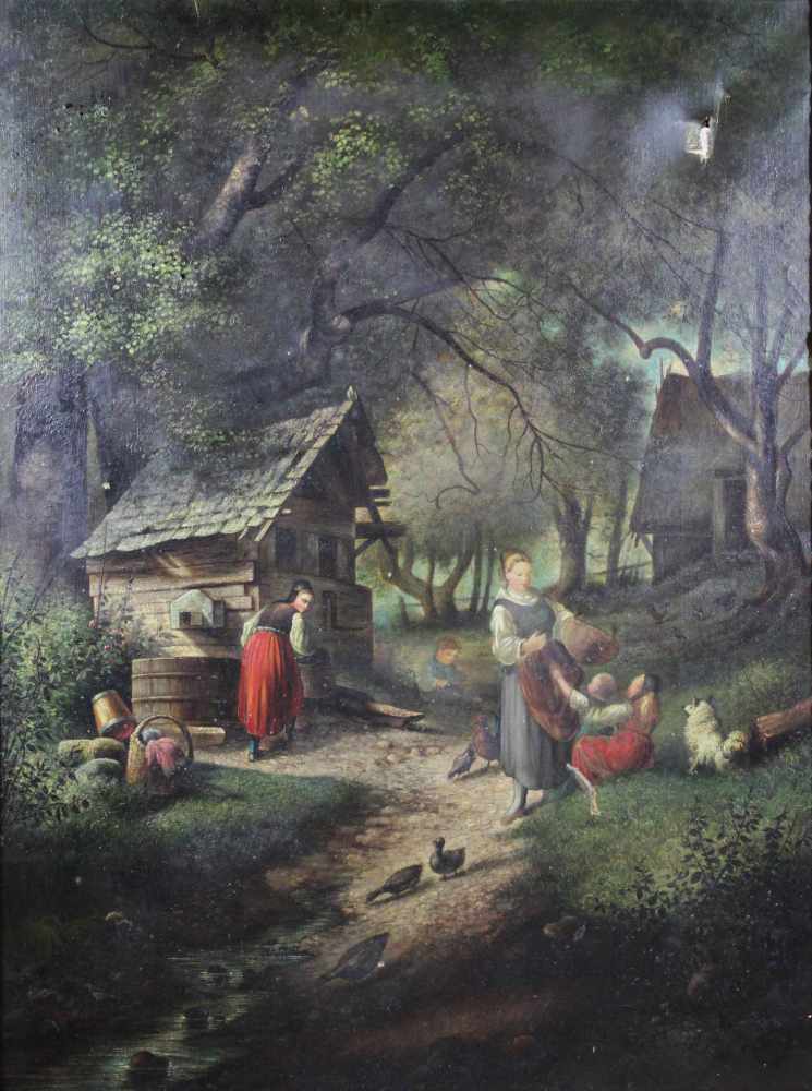 Maler des 19 Jh., Frauen und Kinder im Hühnerhof, Öl auf Leinwand, unsign., 81 x 61 cm, m.R.: 99 x
