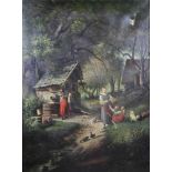 Maler des 19 Jh., Frauen und Kinder im Hühnerhof, Öl auf Leinwand, unsign., 81 x 61 cm, m.R.: 99 x