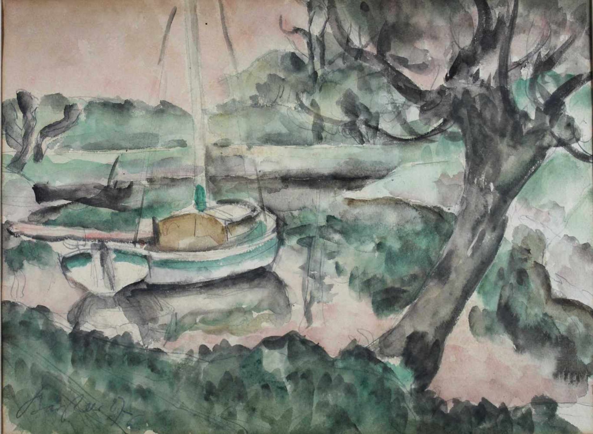 Eduard Bargheer (1901 x 1979) Flusslandschaft mit Boot, 1927, Aquarell auf Papier, sign. und