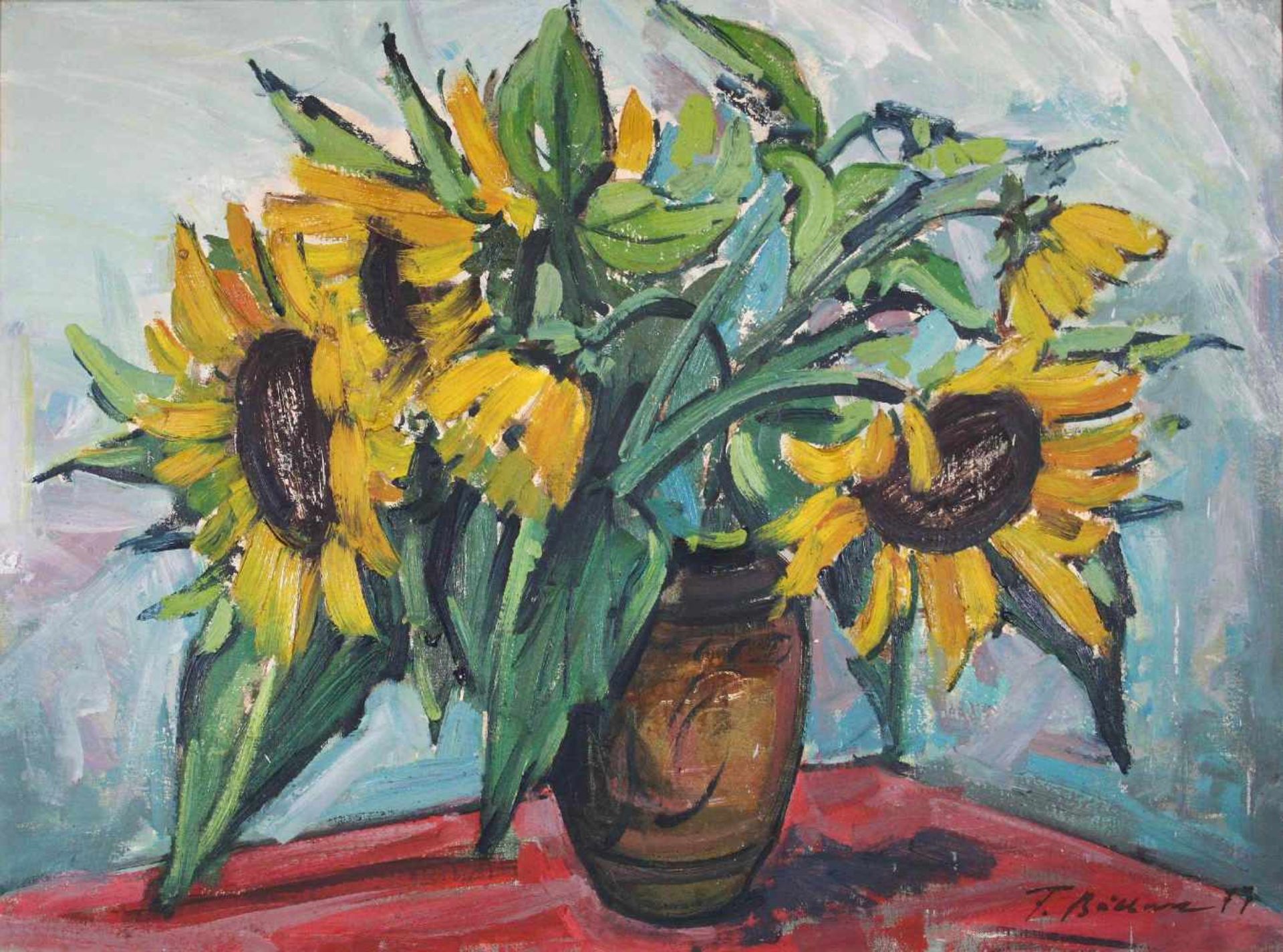 Friedhelm Beilharz, (geb. 1931 Düsseldorf) Stilleben mit Sonnenblumen, 1977, Öl auf Leinwand, un.