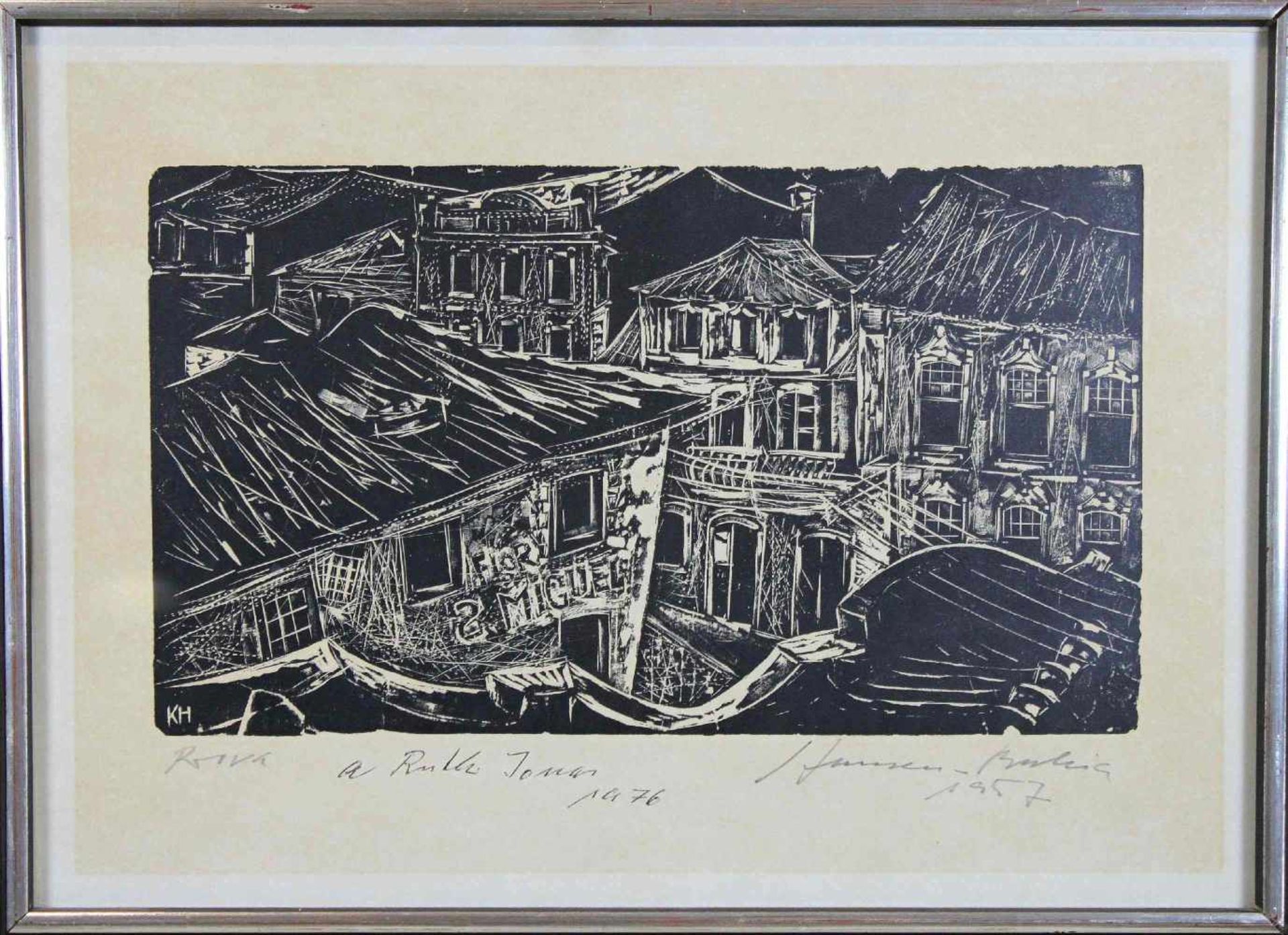 Blick auf die Südstadt, 1957, Linolschnitt, in der Platte unt. links monogrammiert: KH, unt. - Bild 2 aus 2