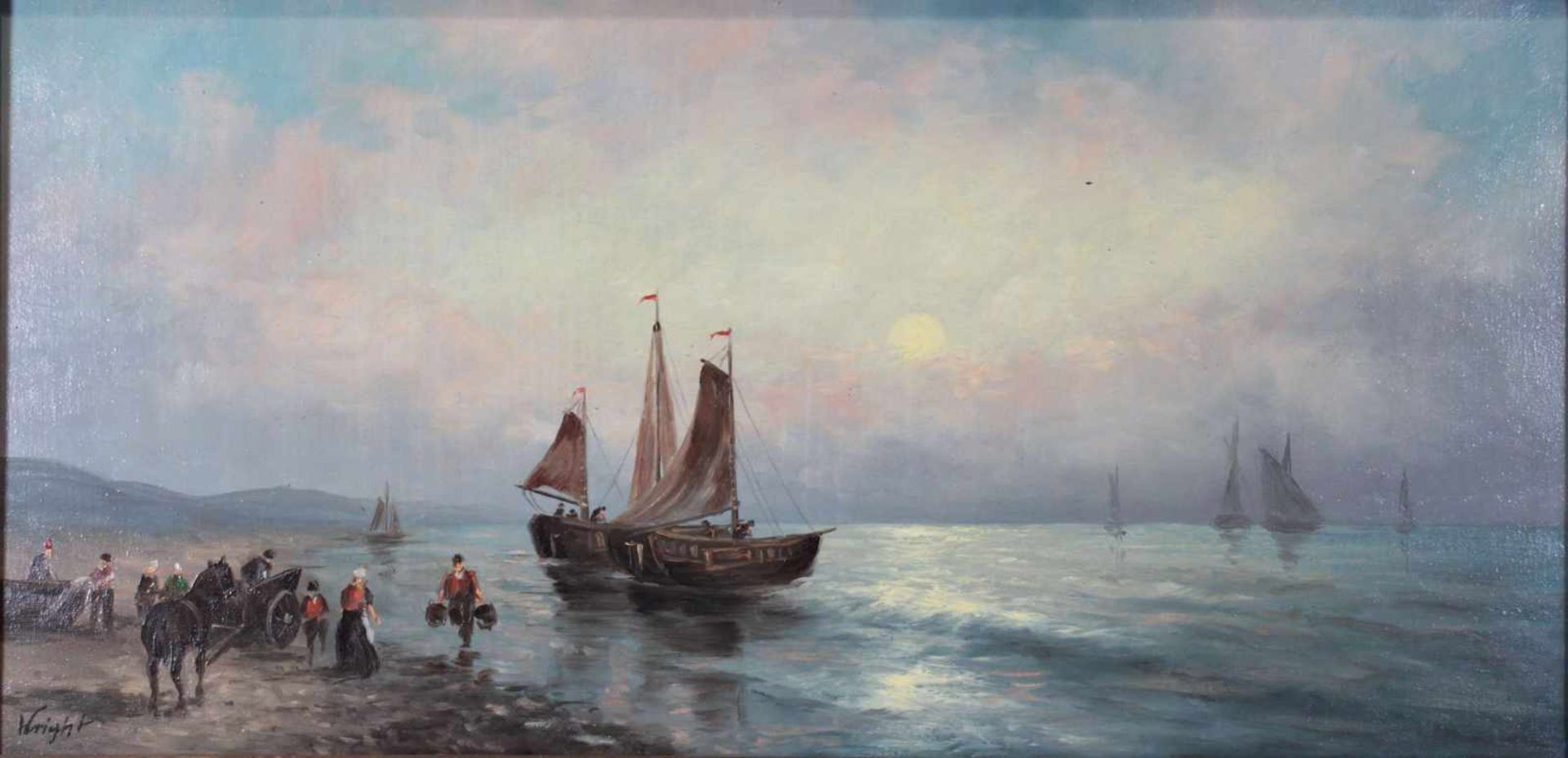 Englische Küste mit Fischern und Segelbooten, 20 Jh., un. links sign. Wright, Maße o.R.: 25 x 50 cm,