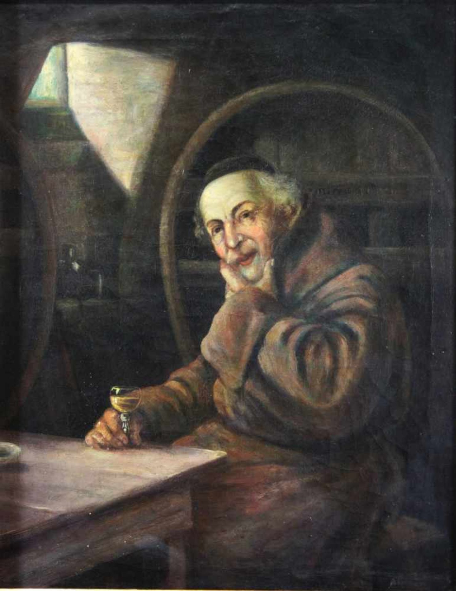 Mönch mit Weinglas, Ende des 19.Jh., Öl auf Leinwand, unten rechts sign., Maße m.R.: 50 x 40 cm,