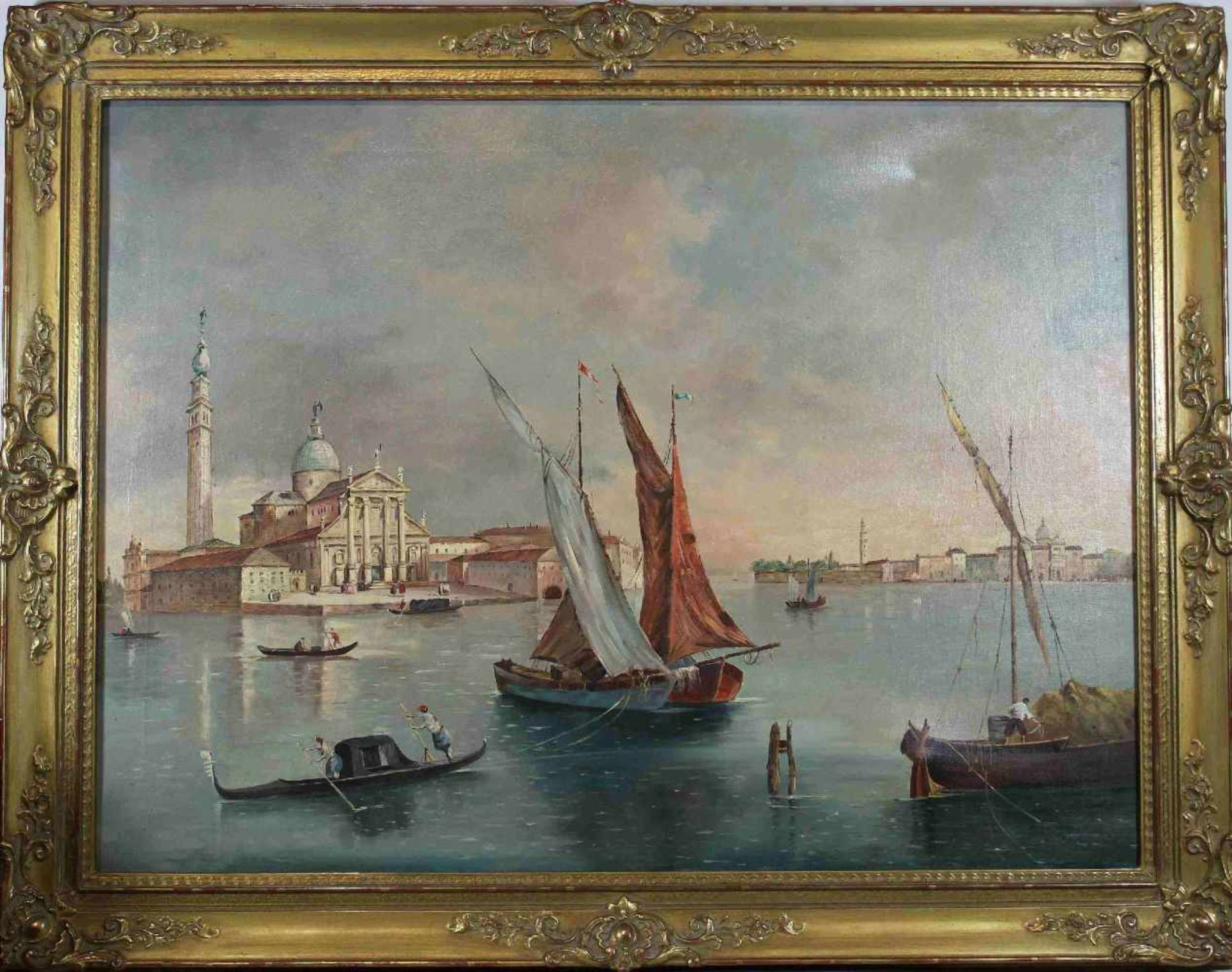 Blick über die Lagune von Venedig auf San Giorgio Maggiore, 20 Jh., Öl auf Leinwand, un. rechts - Bild 2 aus 3