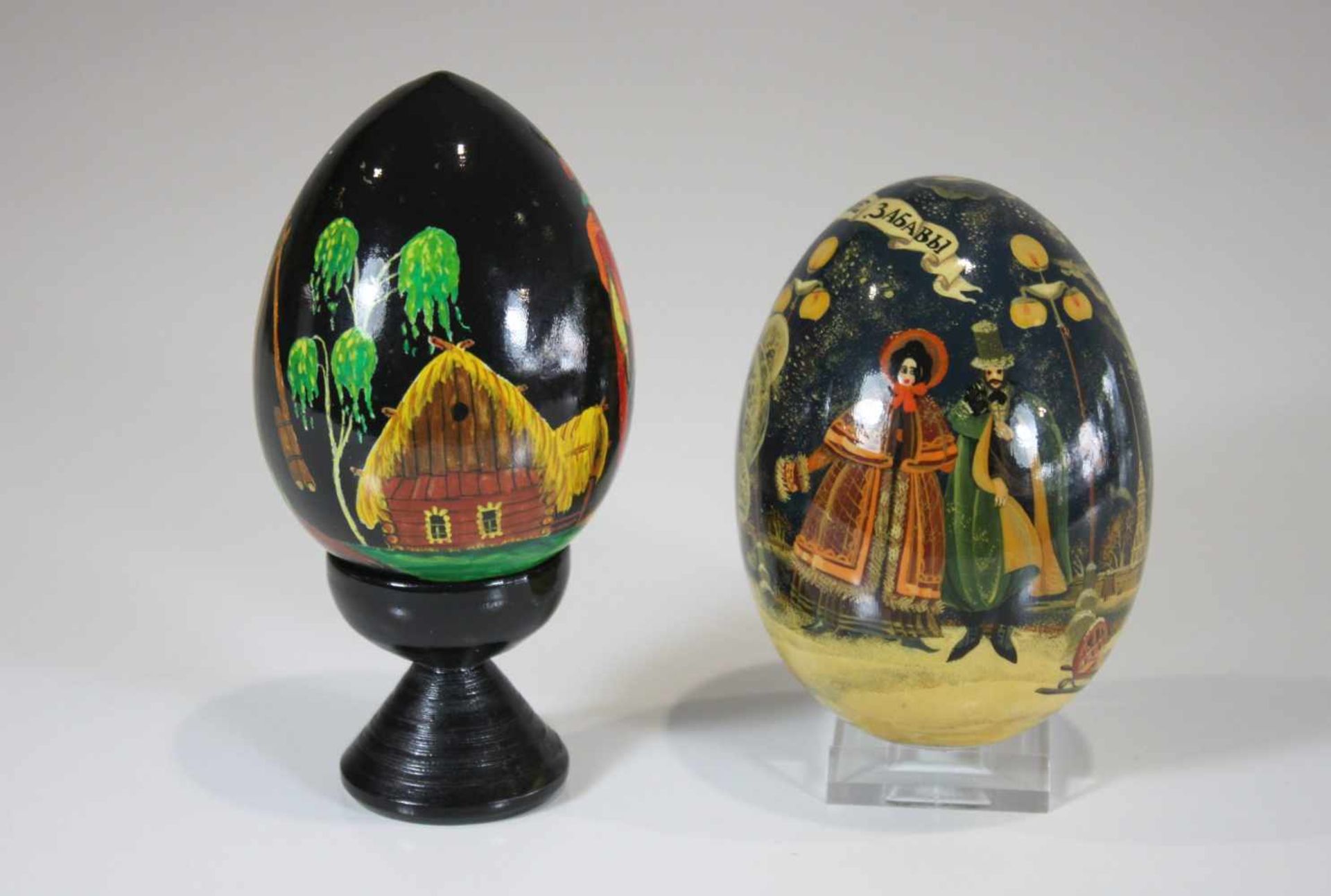 Paar Eier, Holz, russische Volkskunst 20. Jh., figürliche Darstellung, handbemalt. - Bild 2 aus 2