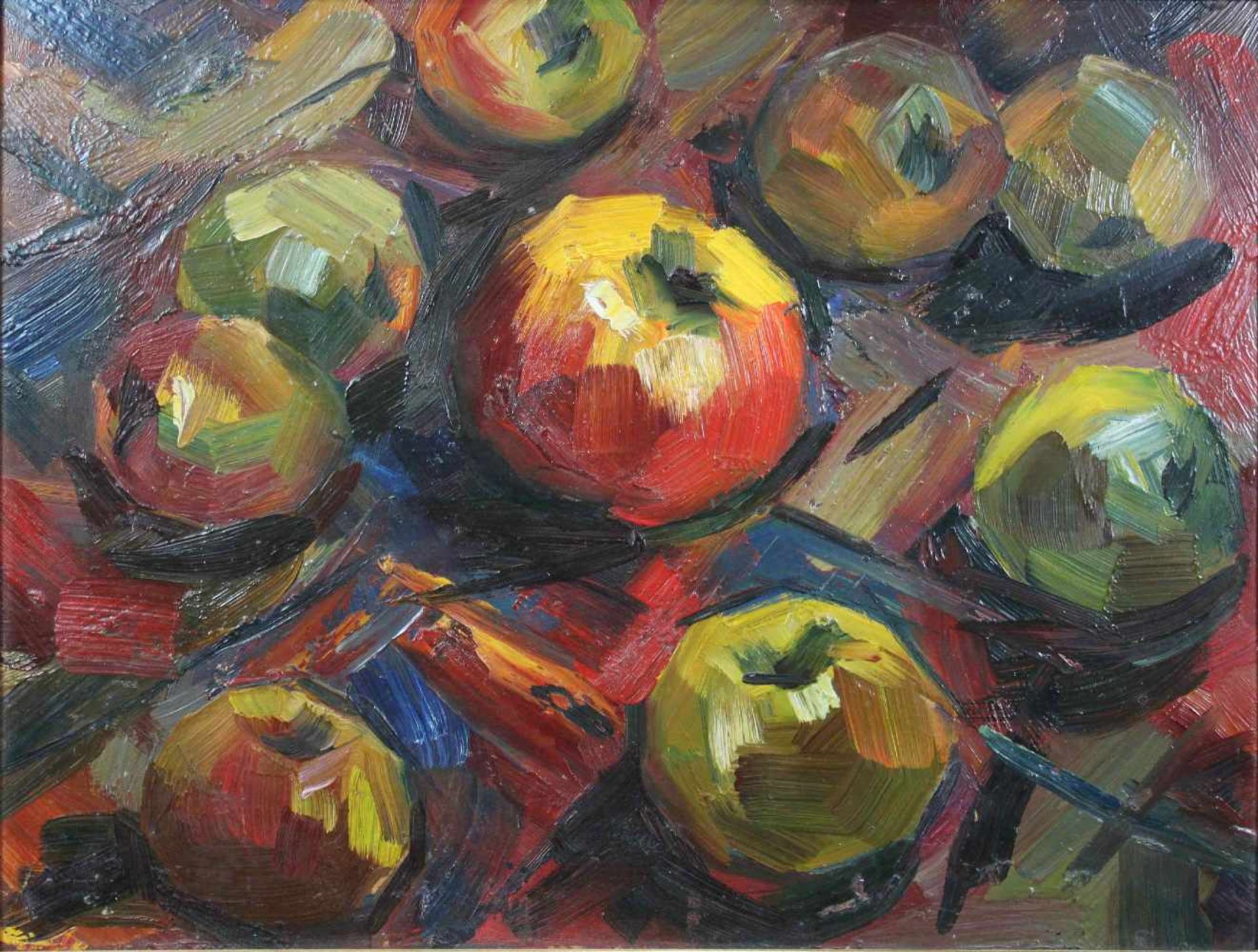 Otscheredko Jewgenij (geb. 1947, Taganrog) Stillleben mit Äpfeln, Öl auf Faserplatte, verso in