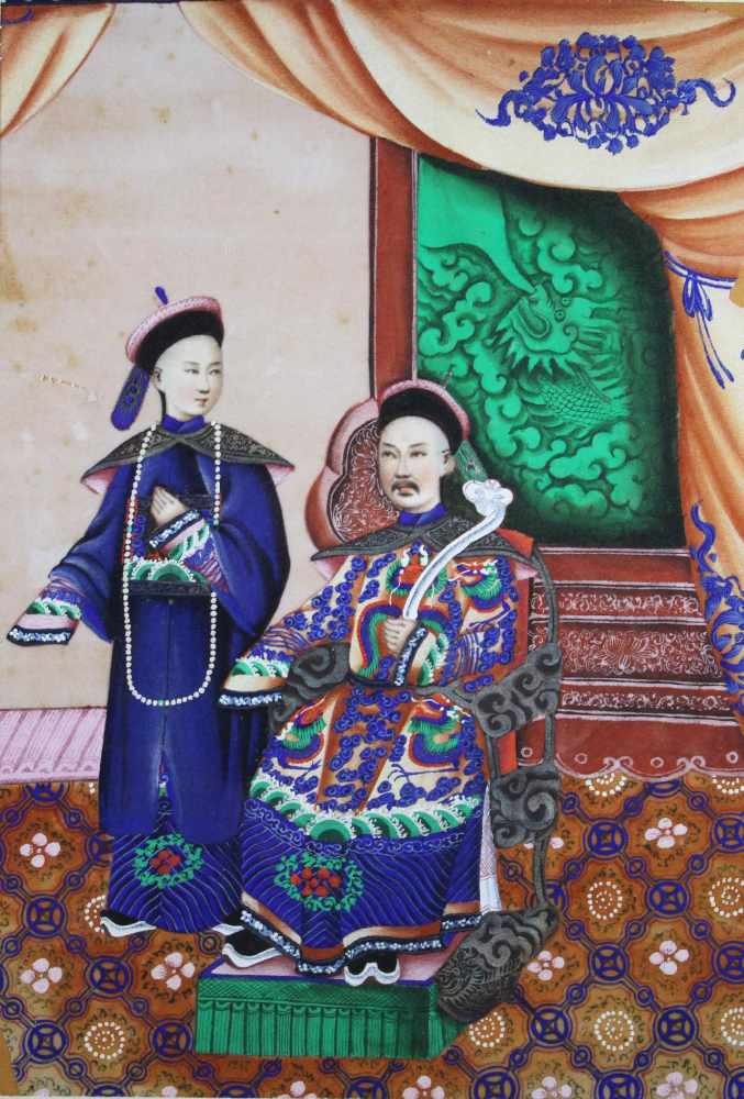 Reispapiermalerei, China 19. Jh., Kaiser mit Knabe, altersbedingter Zustand, 3 kleinere Fehlstellen,