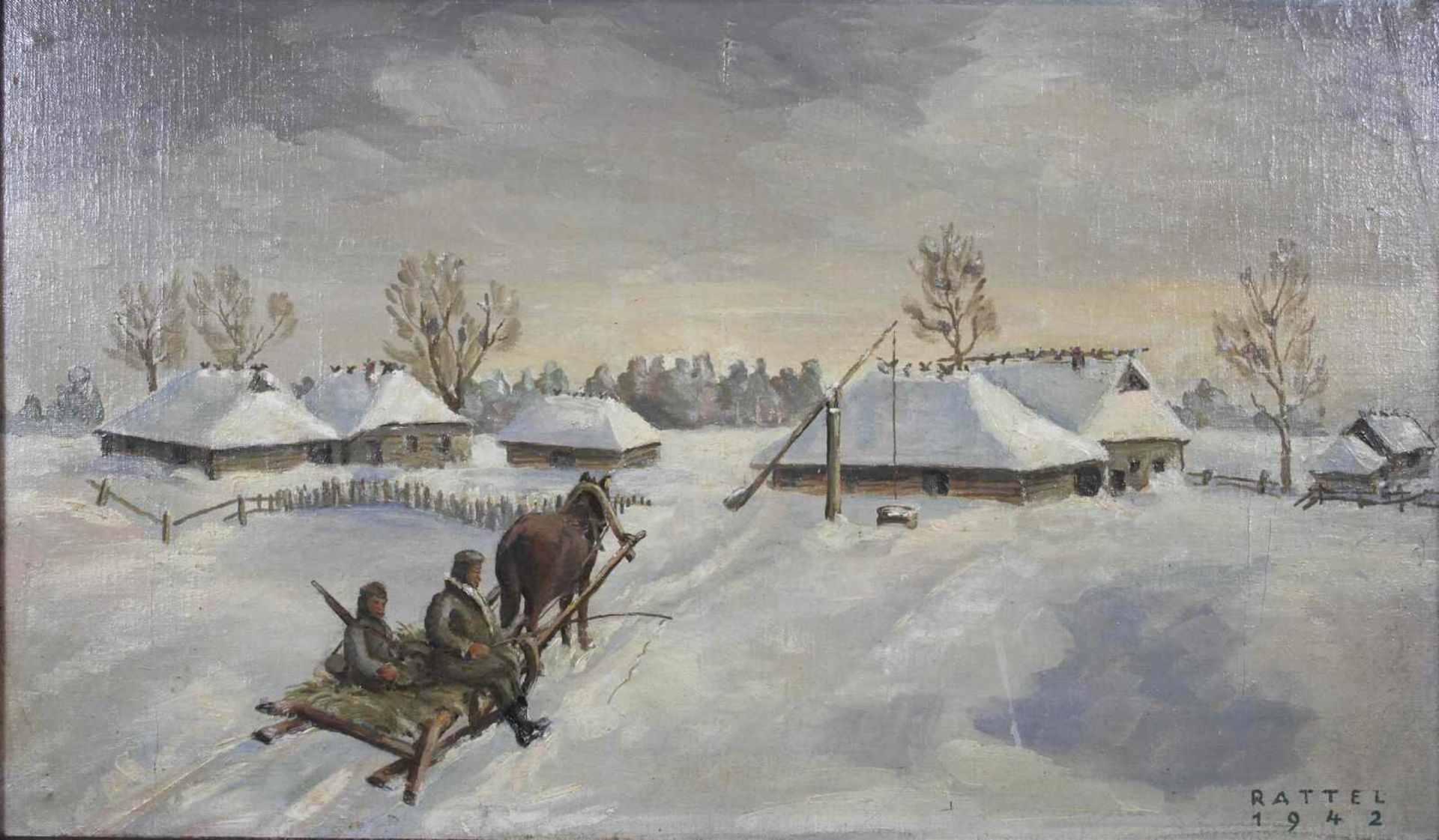 Ukrainische Winterlandschaft mit zwei Soldaten auf Pferdeschlitten, 1942, Öl auf Lw. auf