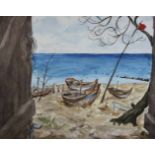 Fischerboote am Ufer, Aquarell, betitelt Brigade Hering Usedom, u. re. Monogramm HT 92, Blattmaße: