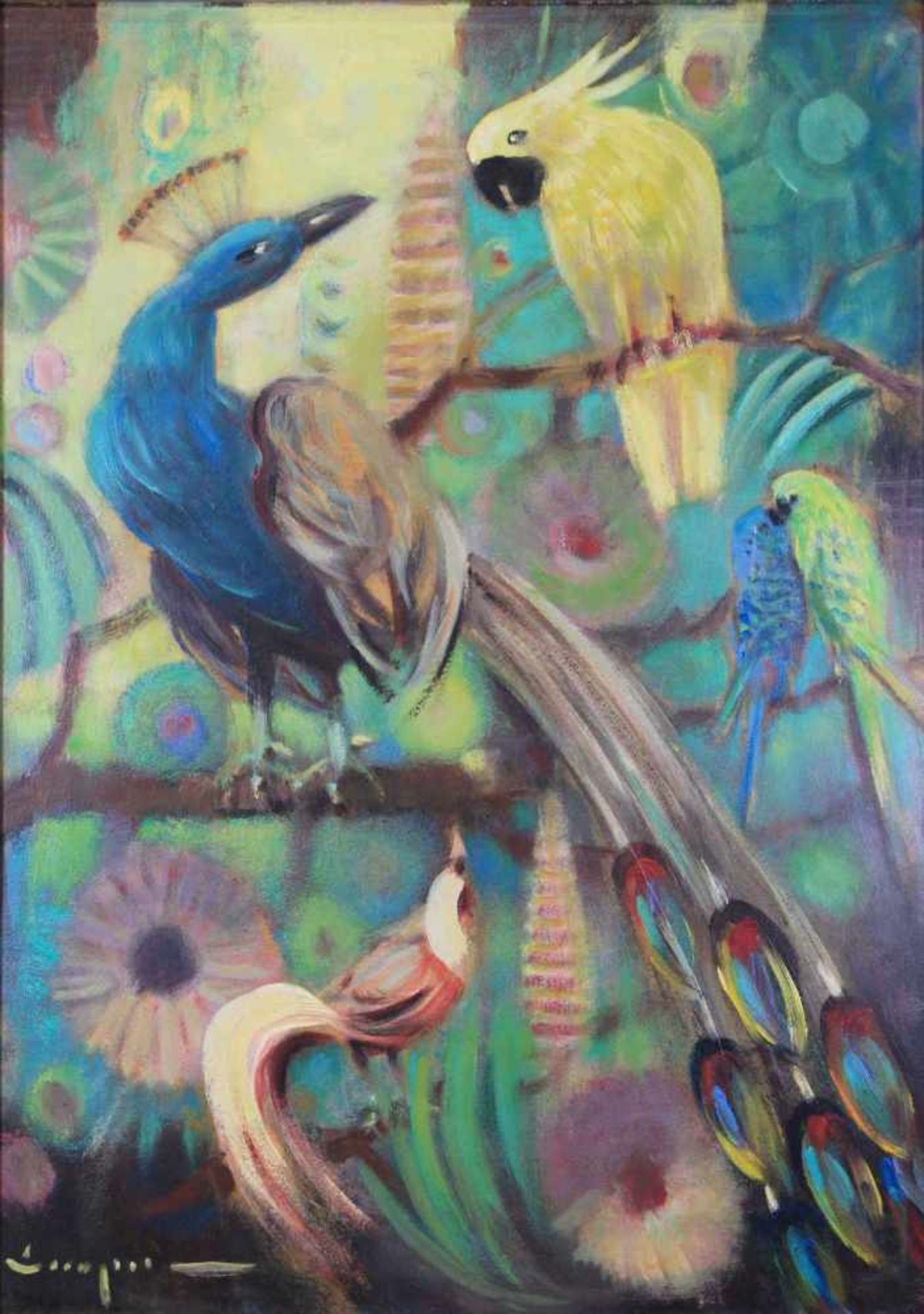 Paar Gemälde: Exotischen Vögeln, 20 Jh., Öl auf Faserplatte, Öl auf Karton, beide jeweils un. - Bild 2 aus 4