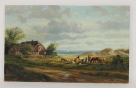 DUTTLER, Herbert*1948Ziegen, Schafe und Pferde mit ihren Hirten am StrandÖl auf Holz, signiert, 25 x