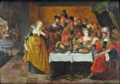 FRANCKEN, Frans II1581-1641Gastmahl des HerodesÖl auf Holz, rückseitig Marke des Tafelmachers TS (