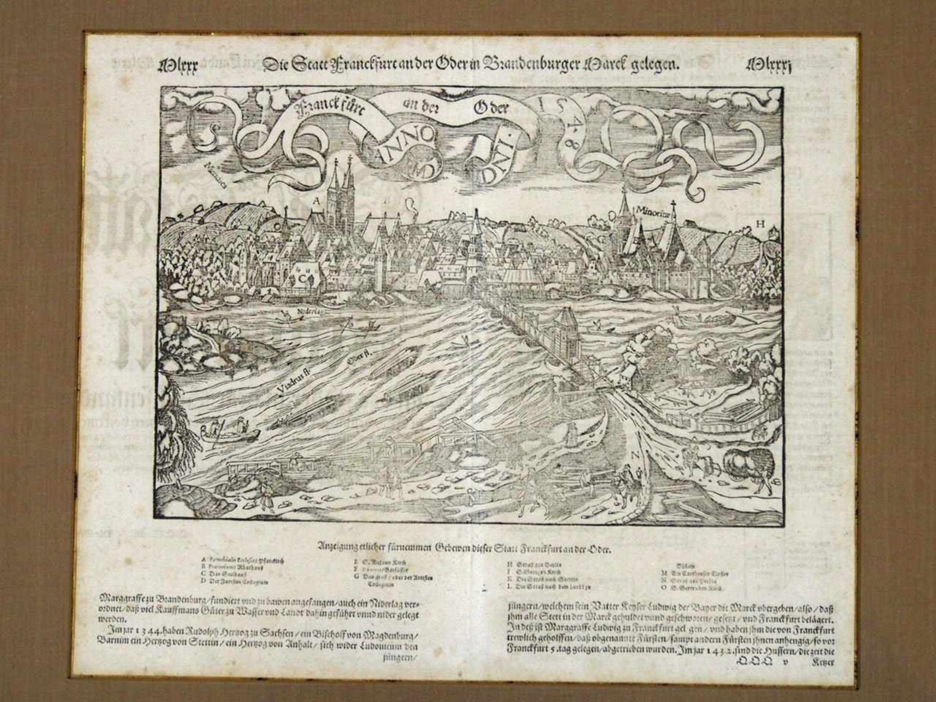 3 Blatt Frankfurt an der OderGesamtansicht Sebastian Münster, Holzschnitt, 1548, 24 x 29 cm, - Bild 2 aus 4