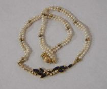 Collier750er Gold, Perlen, 9 Saphire, 14 kleine Diamanten, Perlen, Länge 21 cm