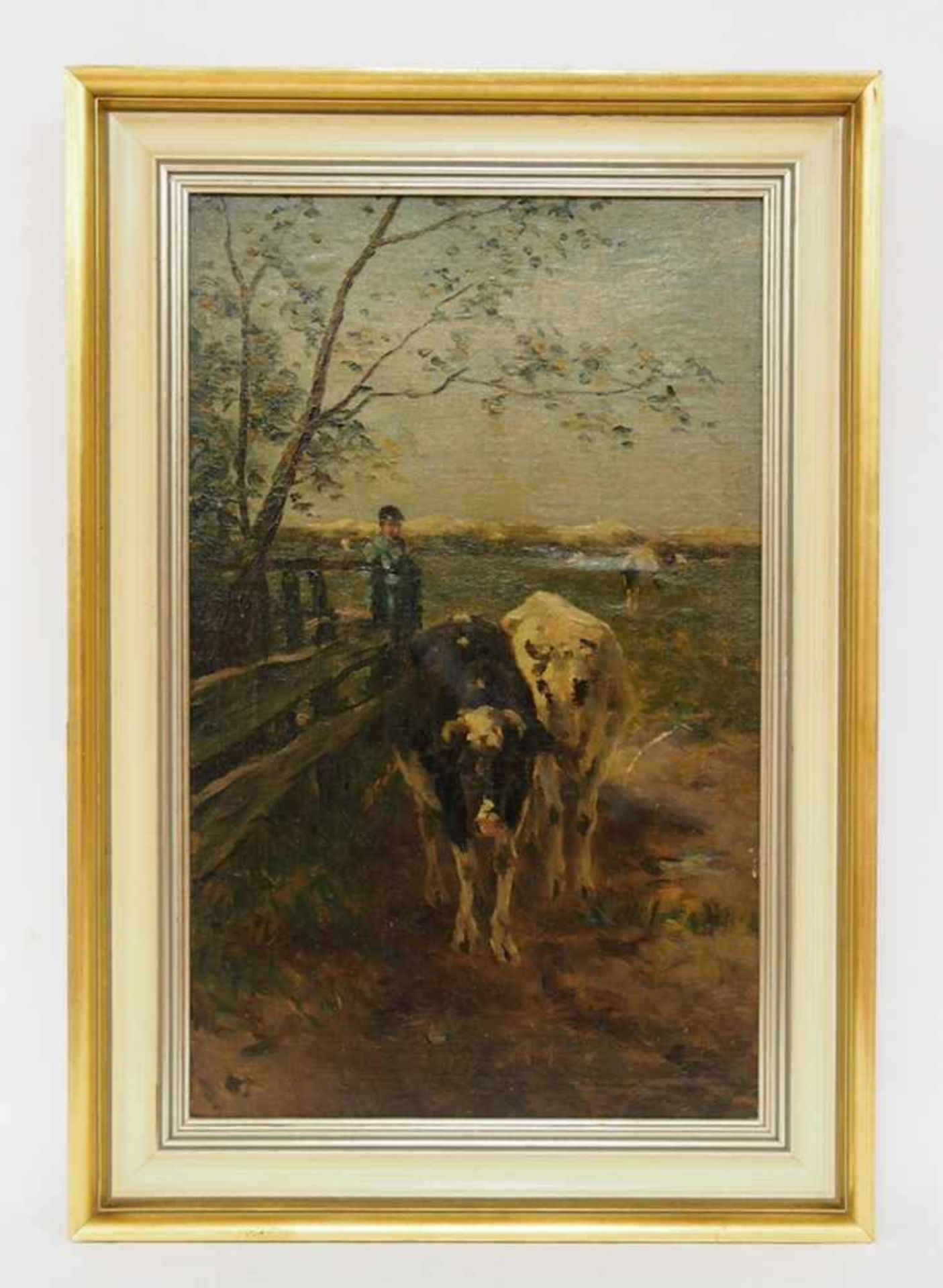 LINS, Adolf1856-1927Bauer mit Kühen im VorgebirgeÖl auf Leinwand, auf Karton gezogen, 54 x 34 cm, - Bild 2 aus 2