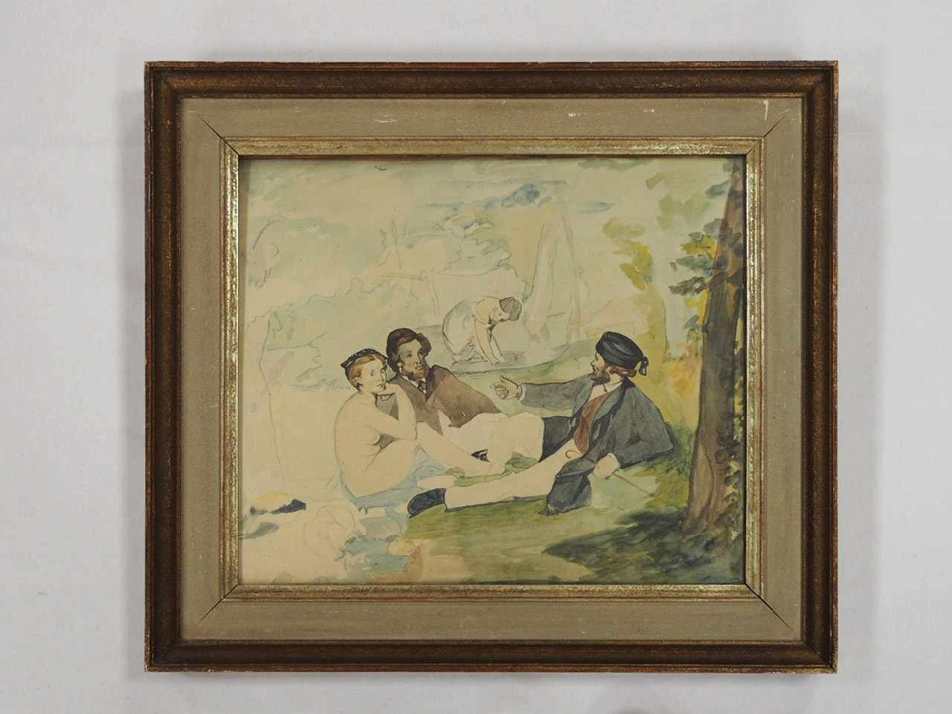 FRANZÖSISCHER MEISTER19. Jh.Gesellschaft im GrünenAquarell auf Papier, 34 x 40, gerahmt unter Glas - Bild 2 aus 2