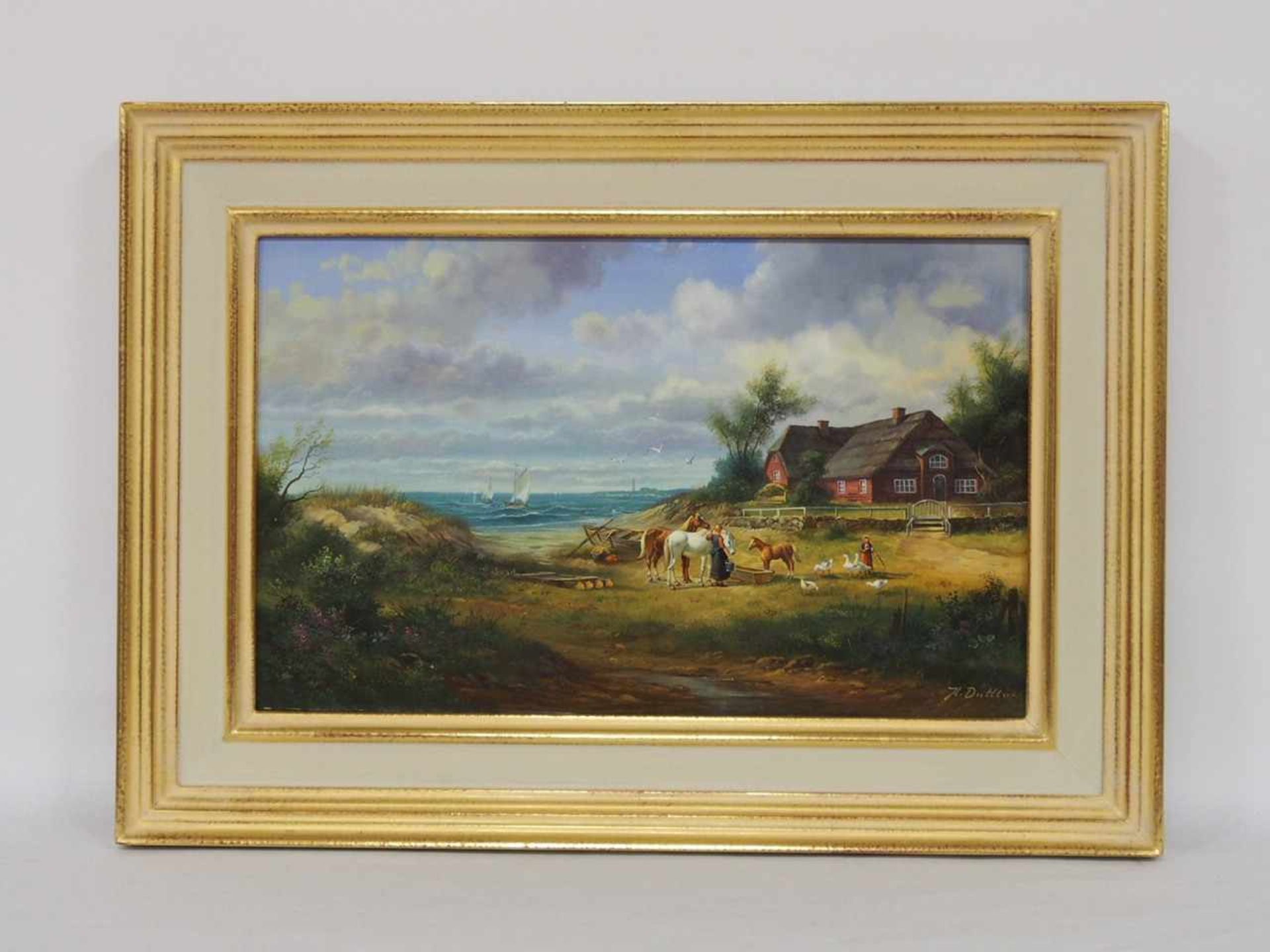 DUTTLER, Herbert*1948Pferde am Strand von SyltÖl auf Holz, signiert unten rechts, 25 x 40 cm, - Bild 2 aus 2