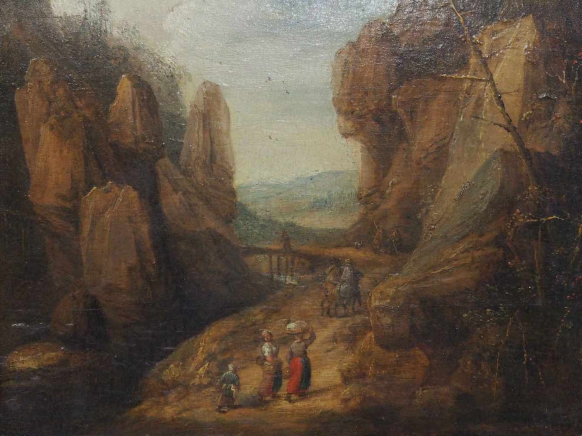 FLÄMISCHER MEISTERum 1600Wanderer und Reisende in einer FelsenschluchtÖl auf Holz, 18,5 x 23,5 cm,