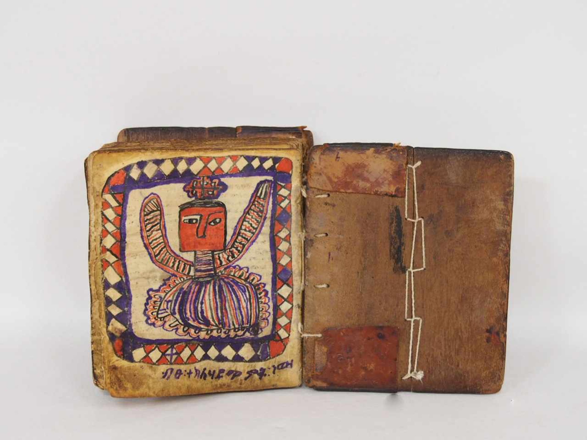 BibelHandschrift mit Bildvignetten auf Pergament, Holzdeckel, zugehörige Ledertasche, 14 x 12 cm - Bild 2 aus 4