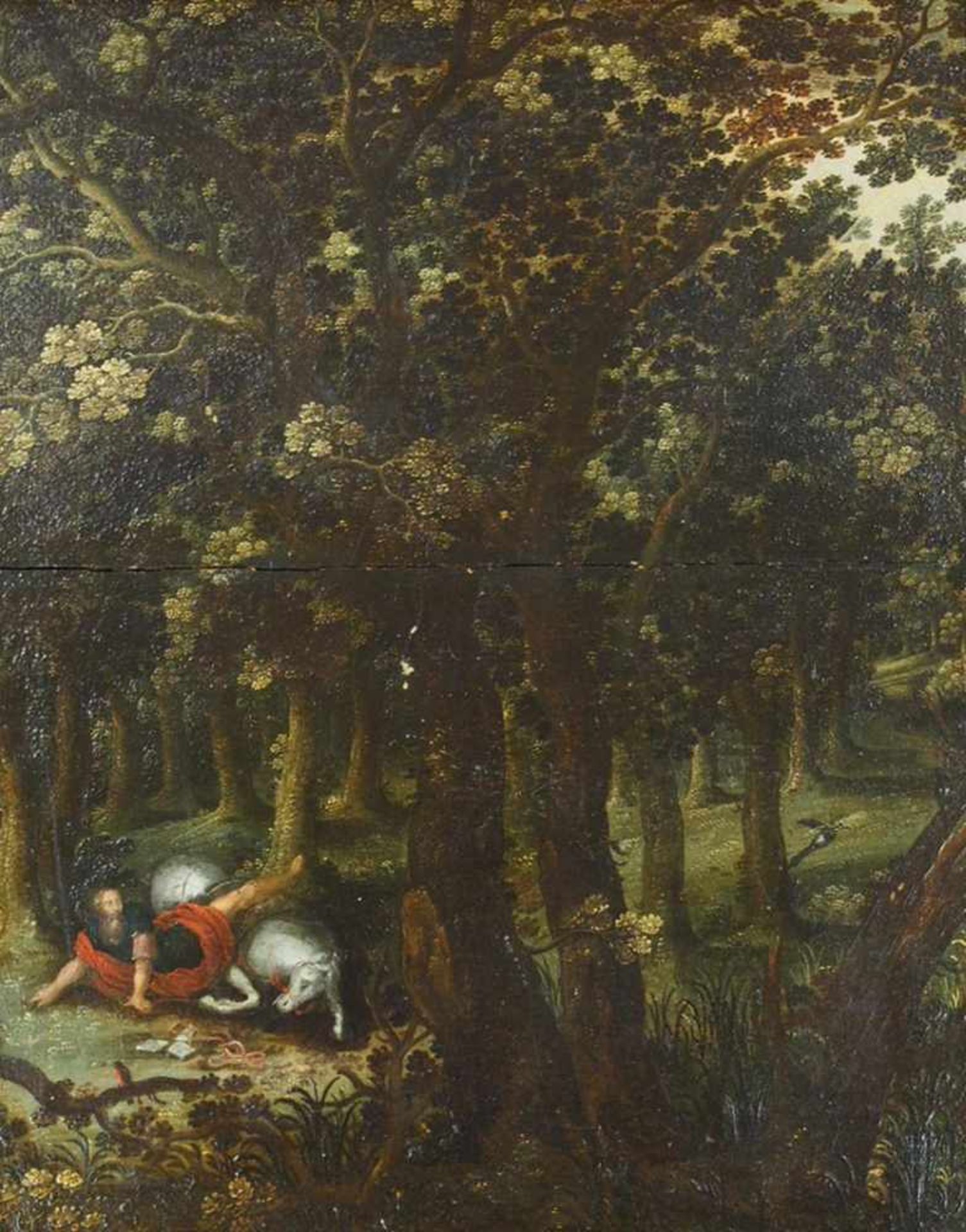 FLÄMISCHER MEISTER17. Jh.Waldlandschaft mit gestürztem ReiterÖl auf Holz, 53 x 41 cm, Rahmen