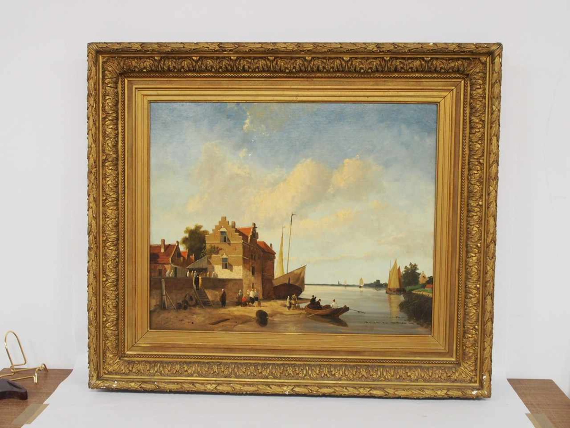 CORVER, J.C.19.Jh.Niederländischer Hafen bei NiedrigwasserÖl auf Leinwand aufgezogen auf Holz, - Bild 2 aus 2