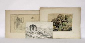 Drei Zeichnungen 19. Jahrhundert'Bildstock in Italien', Tusche, grau laviert über Kreide auf Papier,