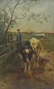 LINS, Adolf1856-1927Bauer mit Kühen im VorgebirgeÖl auf Leinwand, auf Karton gezogen, 54 x 34 cm,