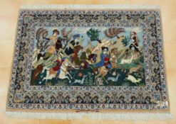 Isfahan Bildteppich mit Jagdszene, Wolle und Seide auf Baumwollw, 20. Jahrhundert, signiert, 116 x