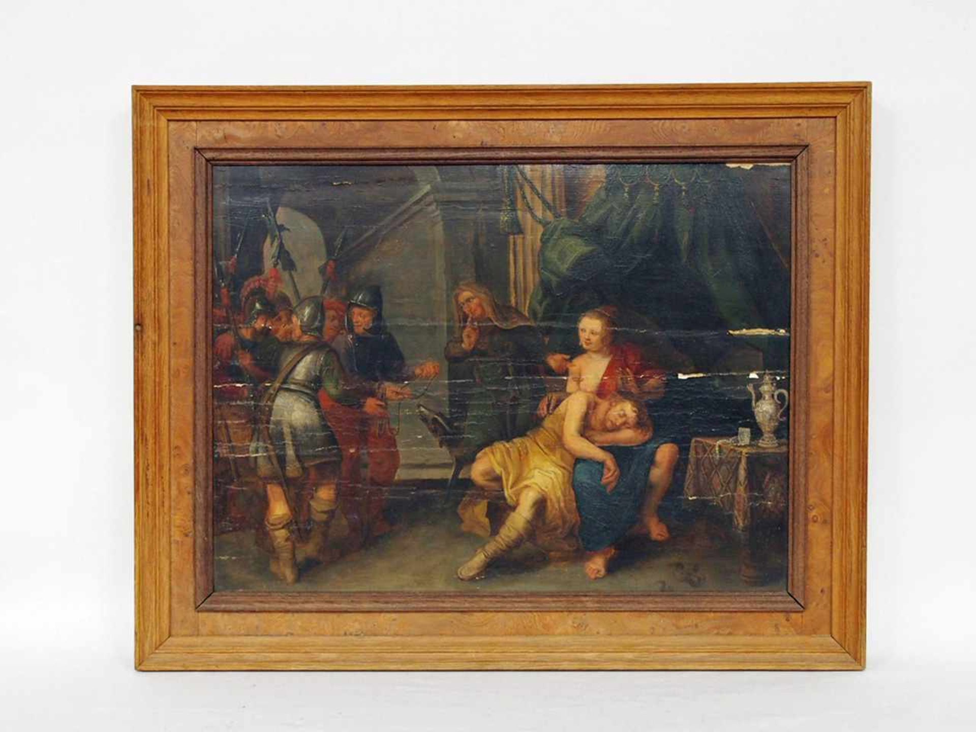 FLÄMISCHER MEISTER17. Jh.Samson und DeliaÖl auf Holz, 46 x 62 cm, Rahmen (Schäden in der - Bild 2 aus 2