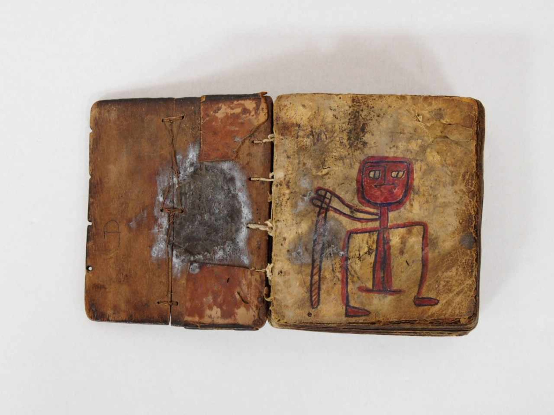 BibelHandschrift mit Bildvignetten auf Pergament, Holzdeckel, zugehörige Ledertasche, 14 x 12 cm - Bild 3 aus 4