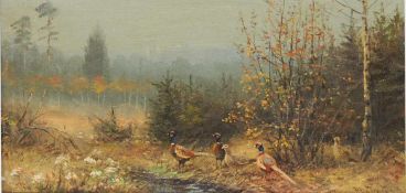 LORENZ, Willy1901-1981Fasane im HerbstwaldÖl auf Leinwand, signiert unten rechts, 20,5 x 40 cm,