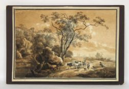 KLENGEL, Johann Christian1751-1824Hirten mit ihrer Herde am Fuße einer FelsenlandschaftFeder, braun,