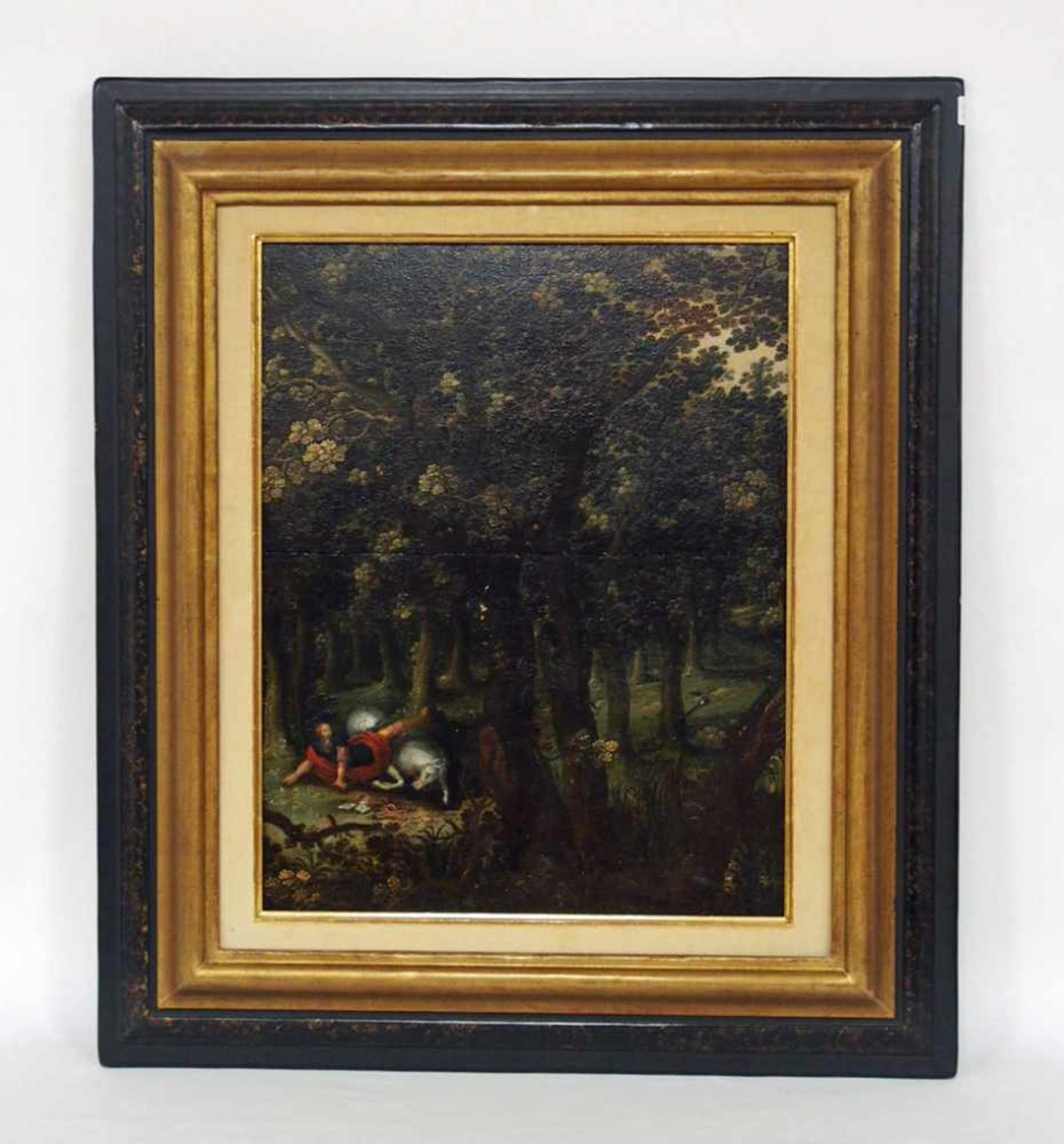 FLÄMISCHER MEISTER17. Jh.Waldlandschaft mit gestürztem ReiterÖl auf Holz, 53 x 41 cm, Rahmen - Bild 2 aus 2
