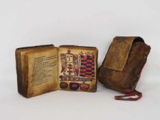 BibelHandschrift mit Bildvignetten auf Pergament, Holzdeckel, zugehörige Ledertasche, 14 x 12 cm