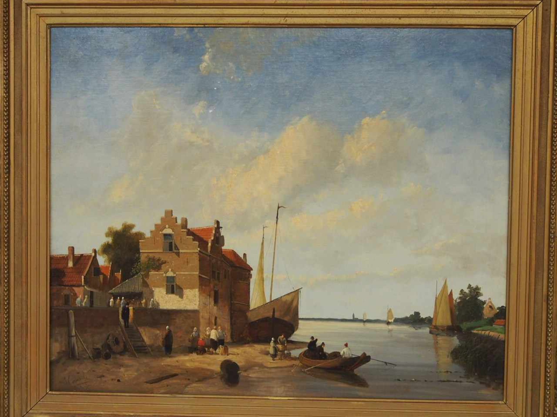 CORVER, J.C.19.Jh.Niederländischer Hafen bei NiedrigwasserÖl auf Leinwand aufgezogen auf Holz,