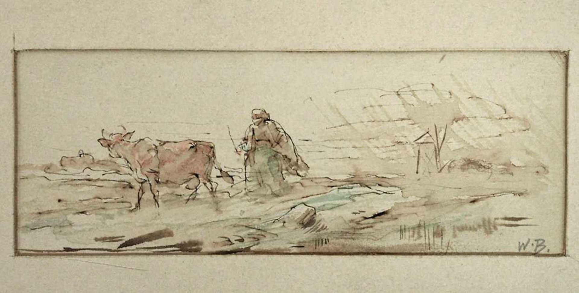 BUSCH, Wilhelm1832-1908Kuh mit TreiberFeder, Aquarell auf Papier, monogrammiert in Bleistift 'WB', 5