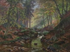 BÖHMER, Heinrich1852-1930Bachlandschaft im Wald mit RehenÖl auf Leinwand, signiert unten links, 59 x