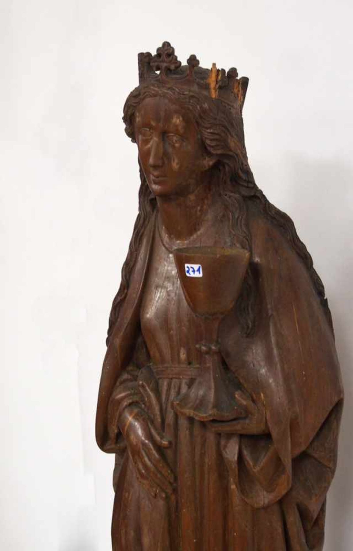 Heilige BarbaraHolz, geschnitzt, rückseitig gehöhlt, braun lasiert, Schwaben, um 1480, Höhe 91 cm (