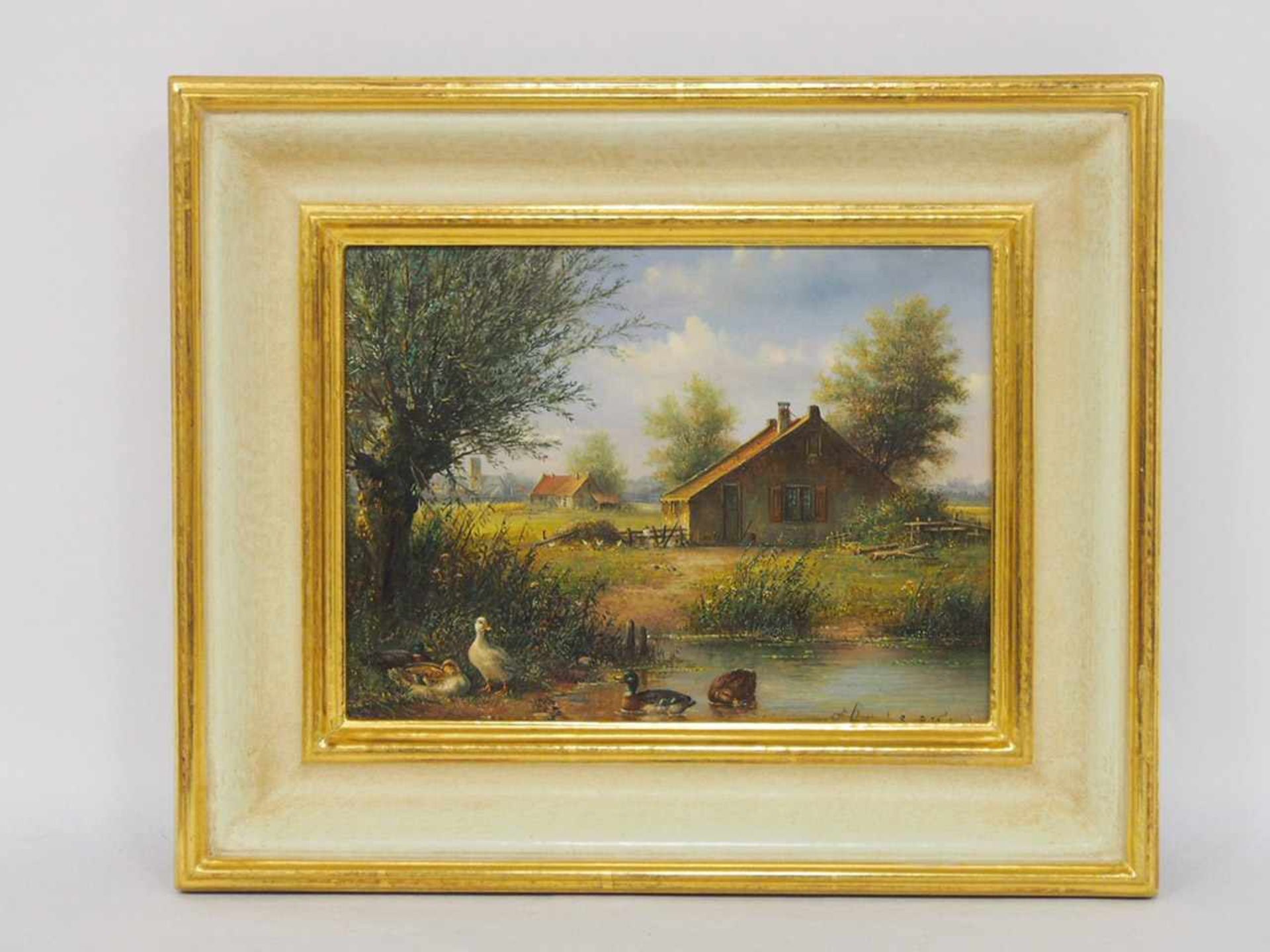 FEYEN, Leon Adrien*1947Enten am TeichÖl auf Holz, signiert unten rechts, 16 x 22 cm, Rahmen - Bild 2 aus 2