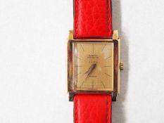 Damenarmbanduhr "Sato Geneve"Gehäuse 750er Rotgold, Handaufzug, Rotes Lederband