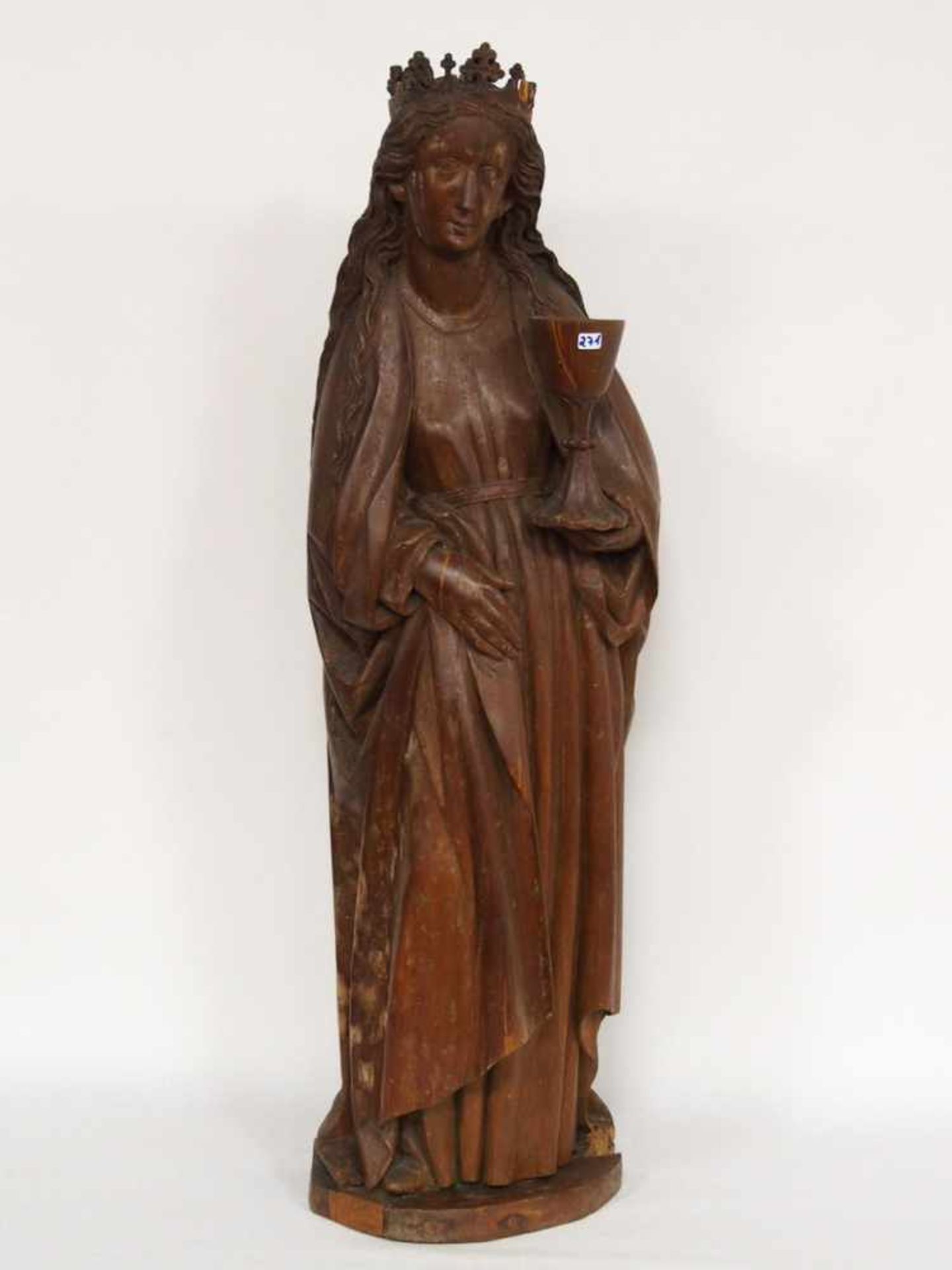 Heilige BarbaraHolz, geschnitzt, rückseitig gehöhlt, braun lasiert, Schwaben, um 1480, Höhe 91 cm ( - Bild 3 aus 3