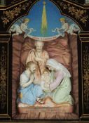 Diorama "Die Geburt Christi mit Anbetung"Bisquit-Porzellan, bemalt, Holzrahmen, Holzkasten, Glas mit