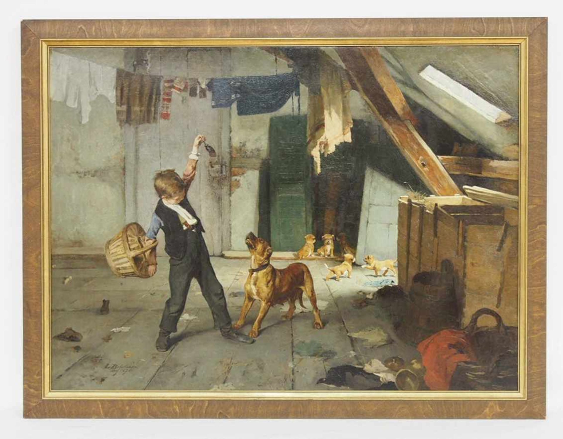 BOKELMANN, Christian Ludwig1844-1894'Spring'! - Junge mit Hündin und ihren WelpenÖl auf Leinwand, - Bild 3 aus 3