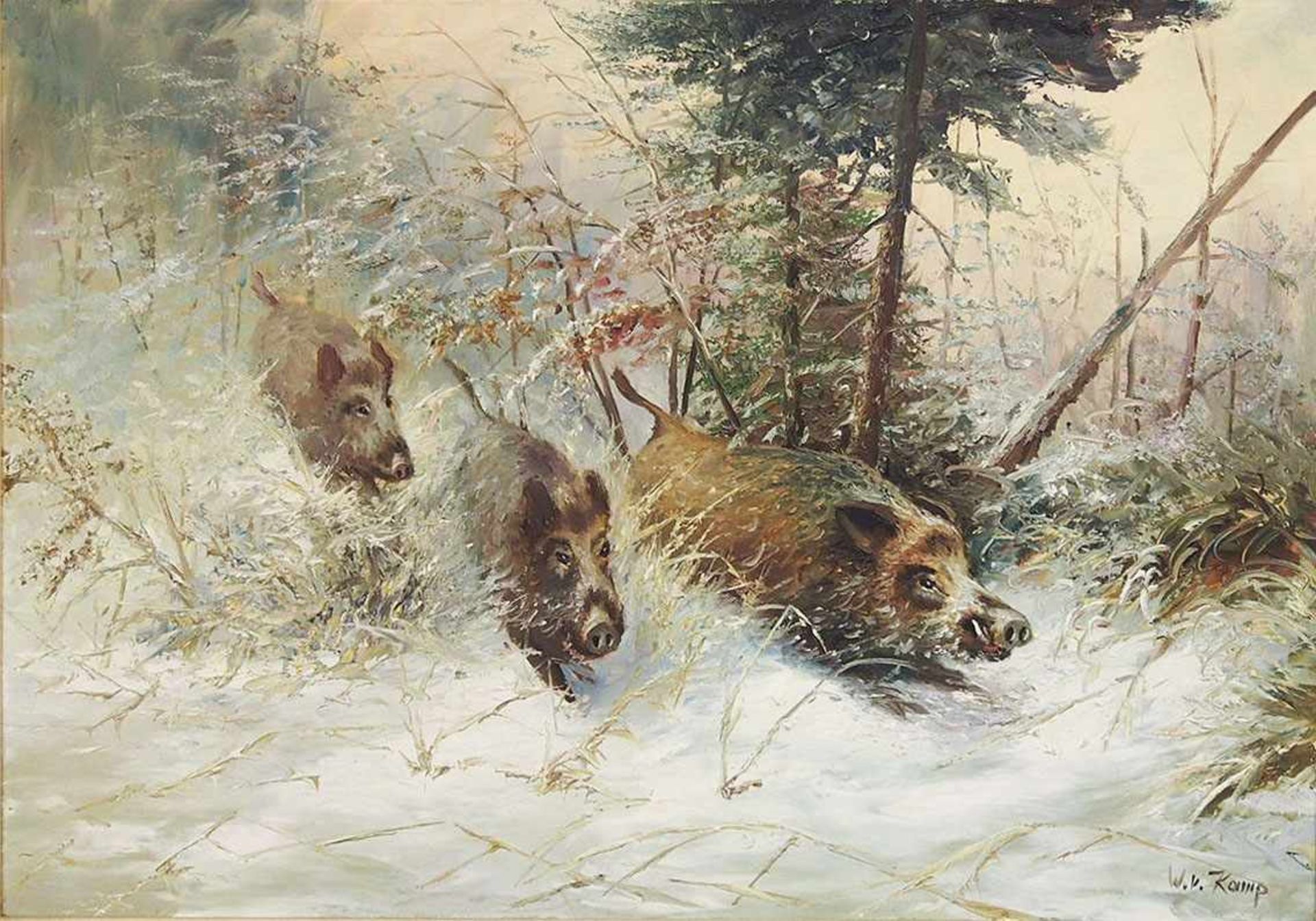KAMP, Willi vontätig 20. Jh.Wildschweine im WinterwaldÖl auf Leinwand, signiert unten rechts, 70 x