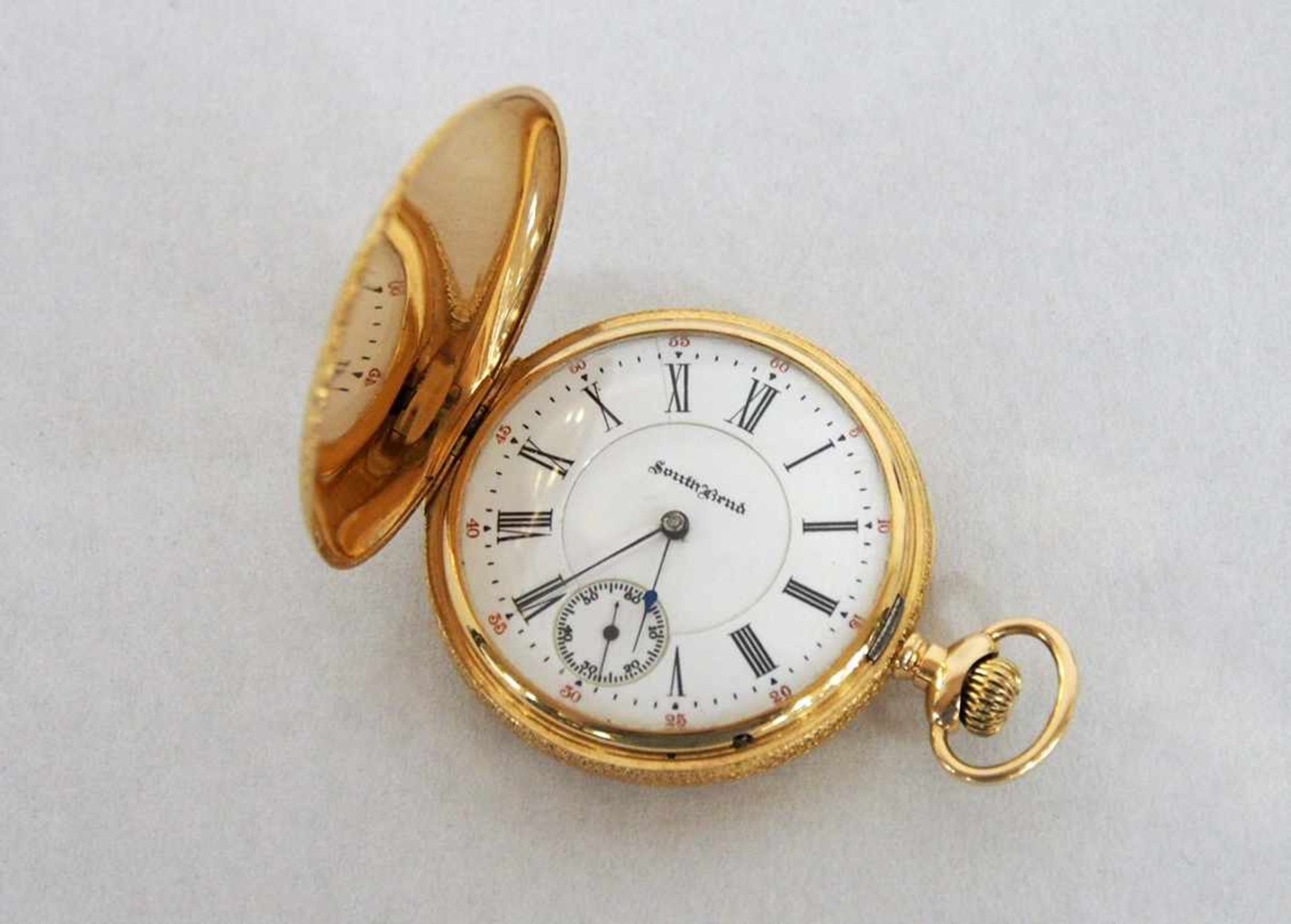 Taschenuhr14ct Gelbgold, floralverziertes Gehäuse, Brooklyn Watch Cas Co, USA, um 1900 (